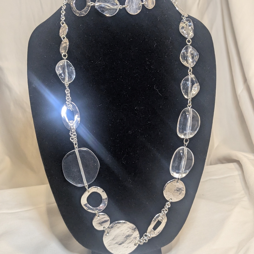 Chico's Hammered Silver and Clear Acrylic Statement Necklace